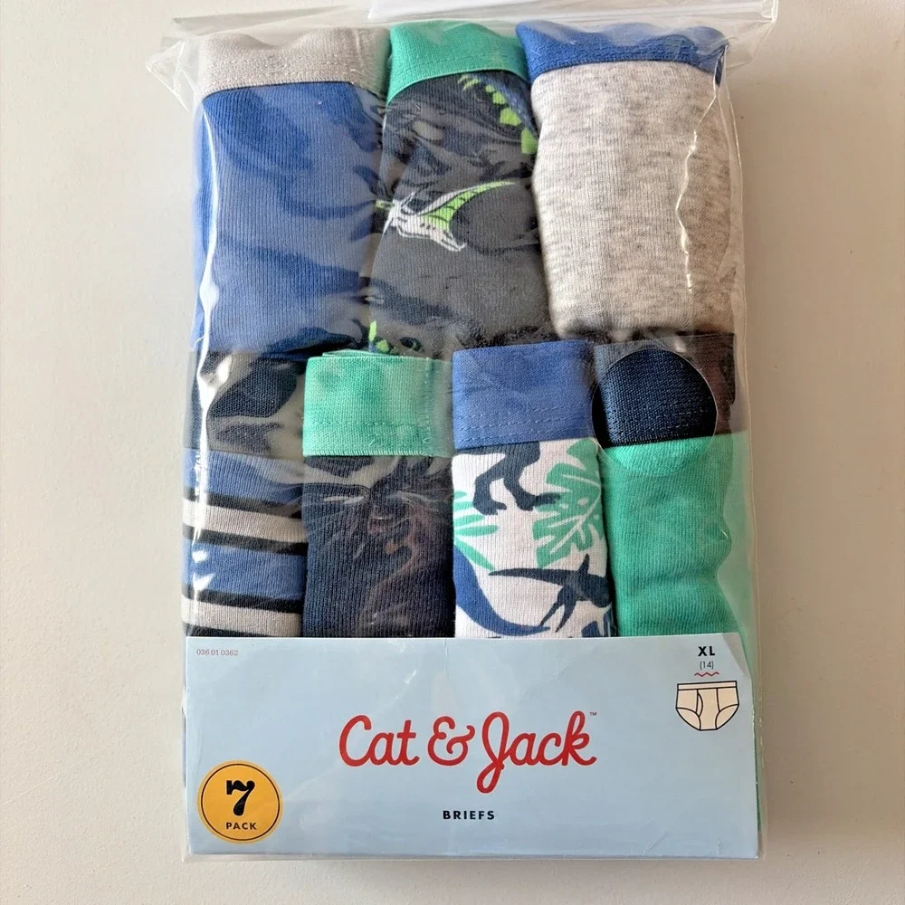 Cat & Jack Boys Tagless Cotton Brief Underwear 7-Pack XL (14) Dinosaurs